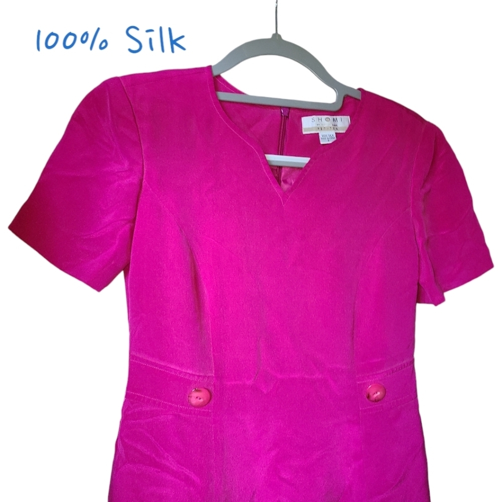 100% SILK SHOMI fuchsia pink mini dress size 2 euc vintage - Picture 3 of 13